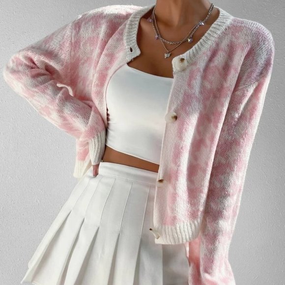 Pink Contemporary Houndstooth Print button down knit sweater Cardigan - Picture 4 of 6